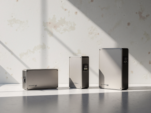 锂离子储能电池组产品展示,银灰色金属外壳,多个电池模块组合,现代工业车间背景